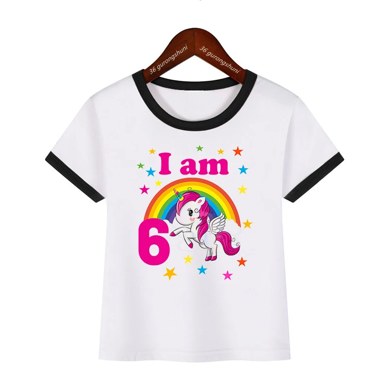 1-8th Rainbow Unicorn Birthday Number Print Girls T-Shirt Cute Kids Tshirt For Kids Birthday Party Clothing Baby T Shirt Tops 3