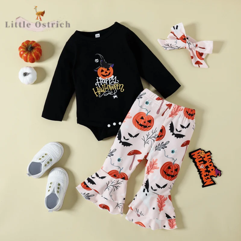 

Newborn Baby Girl Halloween Cotton Clothes Set Romper+Pant+Headband Child Clothing Suit Long Sleeve Bodysuit Baby Clothes 9M-2Y