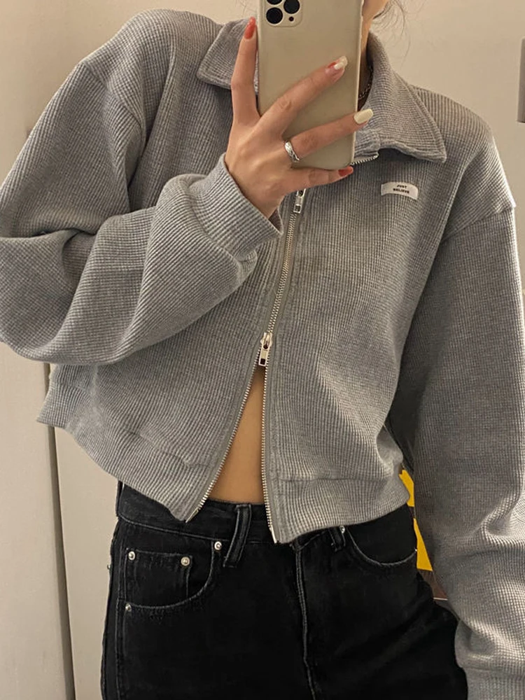 

Gray Zip Up Hoodies Women Korean Fashion Oversize Long Sleeve White Sweatshirts Female Y2K Solid Crop Tops Cardigan