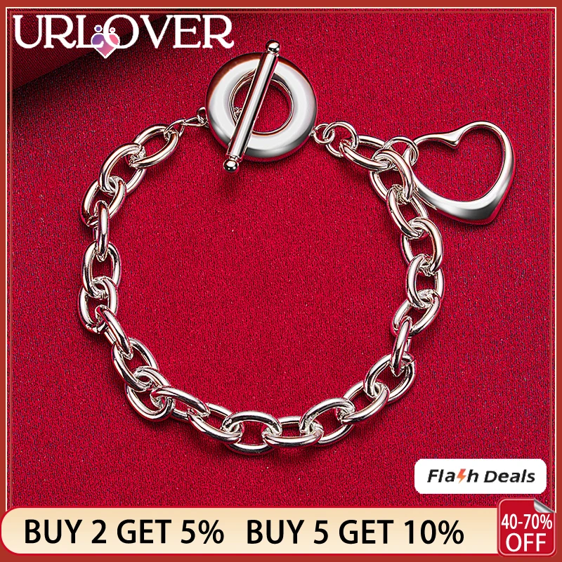 

URLOVER 925 Sterling Silver Hollow Heart Pendant Bracelets Woman Bracelet Fashion Party Wedding Birthday Fashion Charm Jewelry