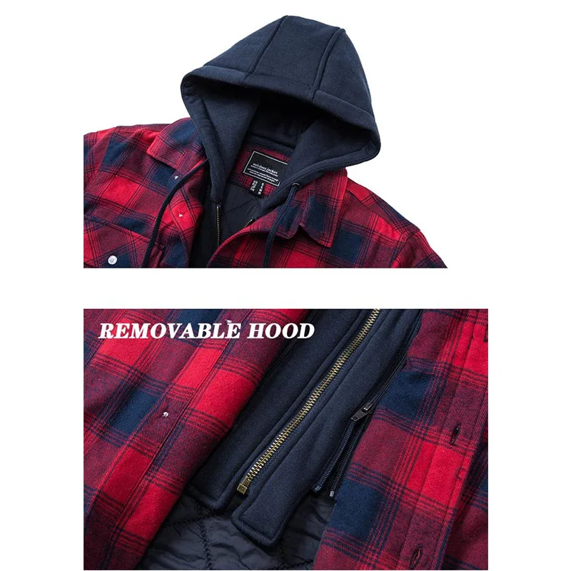 Winter Mens Heavyweight Jacket Flannel Plaid Casual Detachable Hood Quilted Lined Shirts Coats Hiking Jackets hiking jackets waterproof hiking jackets waterproof jacket leather jacket waterproof coats mens winter sweatercoat