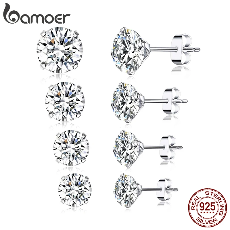 Bamoer CZ, серьги-гвоздики, 925 пробы, покрытые серебром, платиной, Круглые, кубический цирконий, гипоаллергенные серьги, 4 мм, 5 мм, 6 мм, 7 мм, BSE166