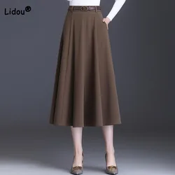 Autumn Winter New High Waist Commute Solid Color Skirt Women's Clothing Temperament Fashion Solid Color A-Line Skirts for Female