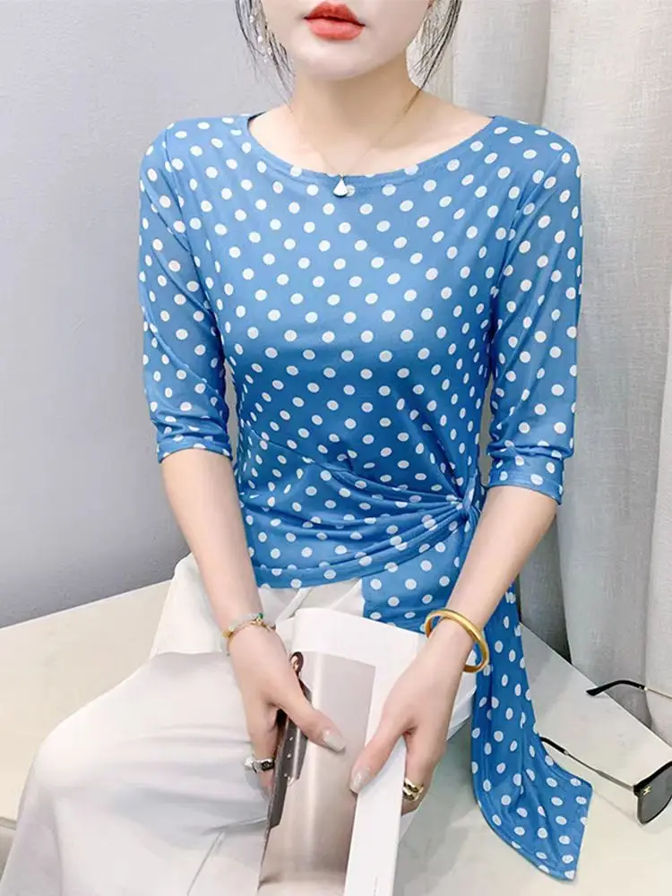 Summer Half Sleeve T-shirts Women Print Polka Dots Mesh Tops Girl Irregular Sweet Tshirt 5