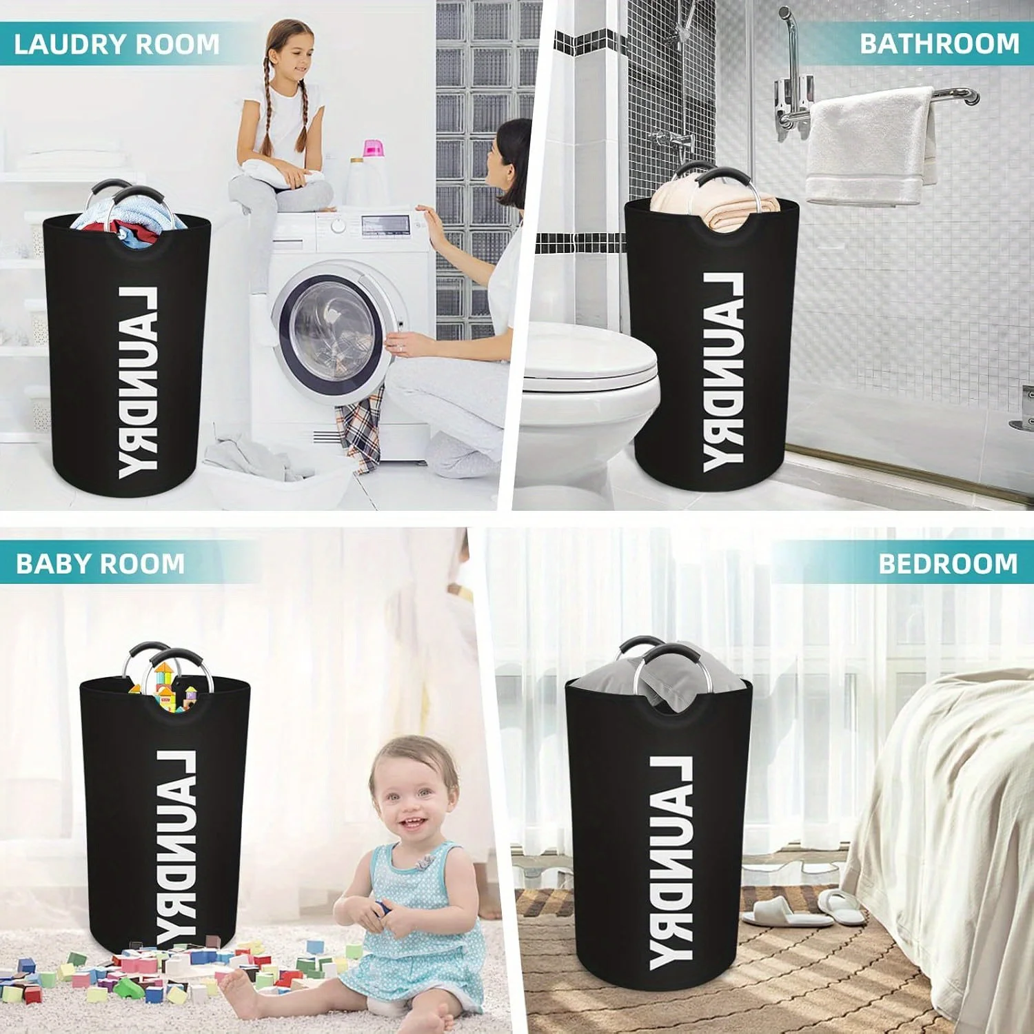 1pc 25.1gal Fabric Laundry Basket with Padded Handles Collapsible Laundry Basket Bathroom Storage and Organization 5