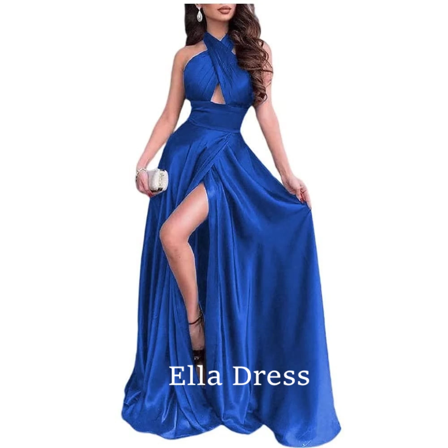 

Ella Unique Blue Halter Neck Satin Long Ball Gown High Slit Sexy Formal Evening Gown Robe Evening Dubai Evening Dress Dresses