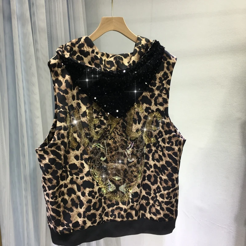 

Trendy Hot Drilling Women Waistcoat Mid-long Loose Sleeveless Jackets Leopard Sequins Hooded Zip Autumn Winter Vests Coat