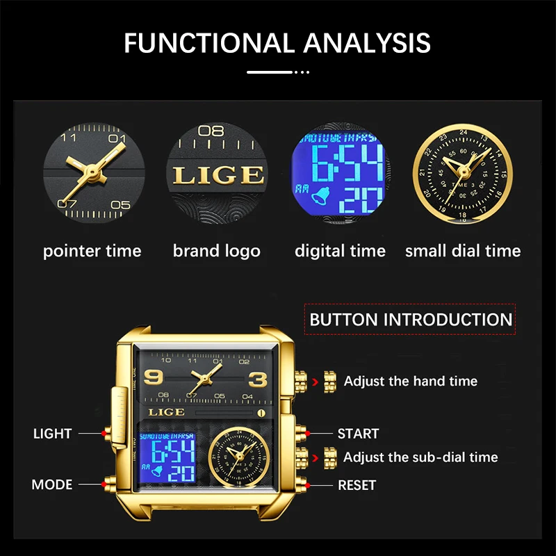 Luxury Gold Steel Sports Square Digital Analog Men's Quartz Watch
