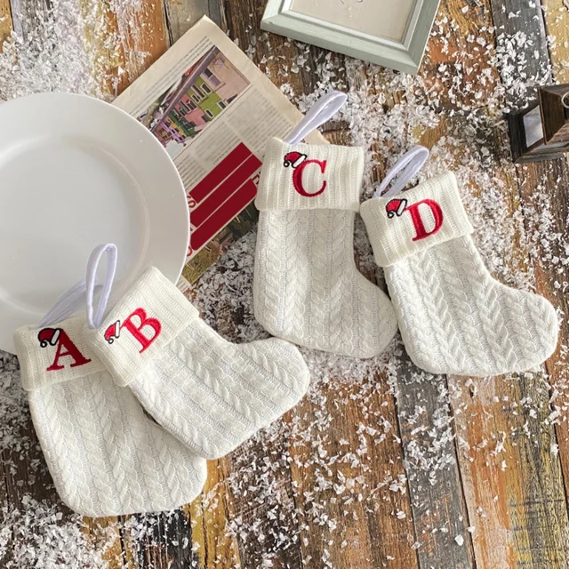 Embroidered Initial Cable Knit Red Christmas Holiday Stocking