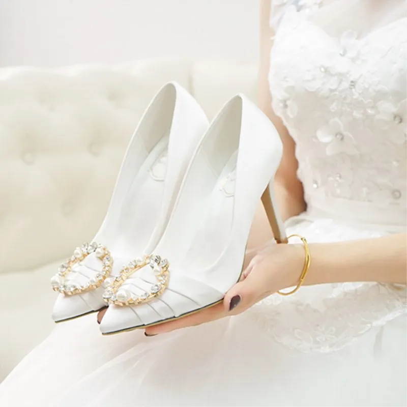 

New White High Heels, Pearl Water Diamond, Red Women's Shoes, Large Wedding Dress, Bridesmaid Dress, Bridal Silk Wedding Shoes