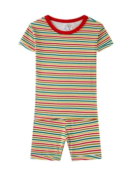 【Unisex Cotton Striped PJs Set】Kids' Colorful Short Sleeve Sleepwear Boys Girls Summer Pyjamas Comfortable Cartoon Homewear