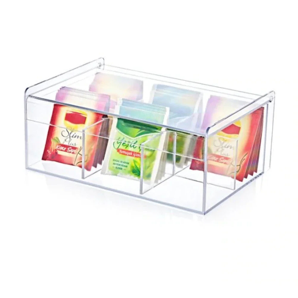 Tea Box Coffee Tea Bag Storage Holder Organizer For Kitchen with Lid 6 Compartments Cabinets Home Acrylic Jewelry Holders