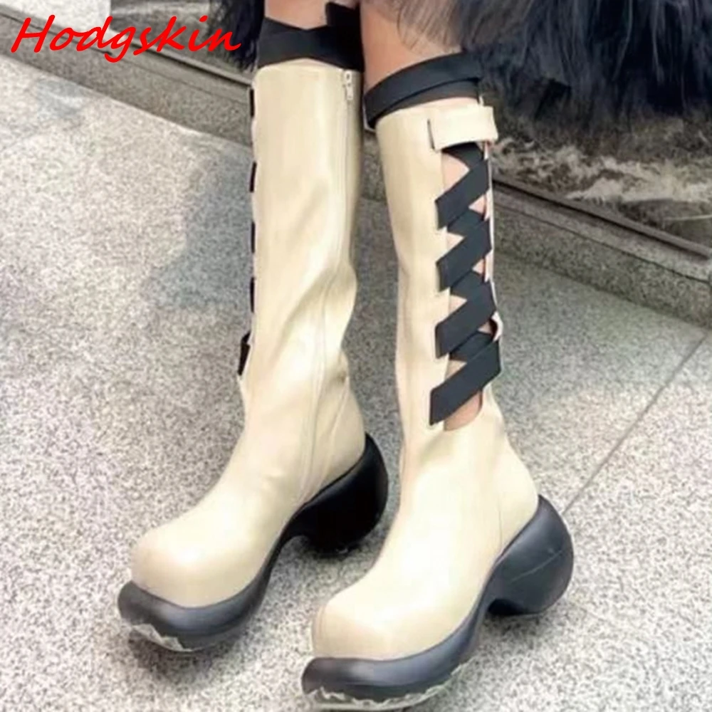 Riband Cross Tied Boots for Women Round Toe Hollow Mixed Colors Lace Up Strange Style Mature Belt Buckle Fashion Knee High Boots