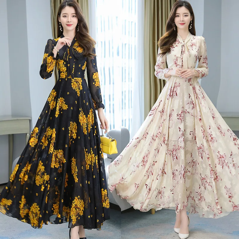 Mujeres Señora Gasa Primavera Vestidos Largos Estampado Floral Camisa Cuello Manga Larga Botón Nueva Moda Elegante Señora Vestido Casual