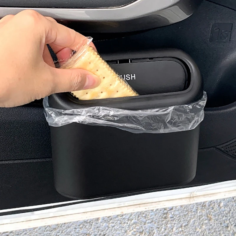 Car Trash Can With Lid Hanging Vehicle Garbage Organizer Case Storage Box Plastic Pressing Trash Bins Auto Interior Accessories