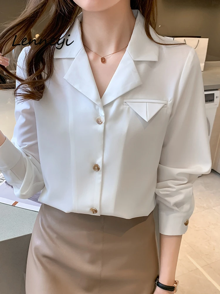 

Brand Quality Women White Shirt Blouse 2024 Fashion Elegant Long Sleeve Office Button Up Satin V-neck Blouses Lady Vintage Top