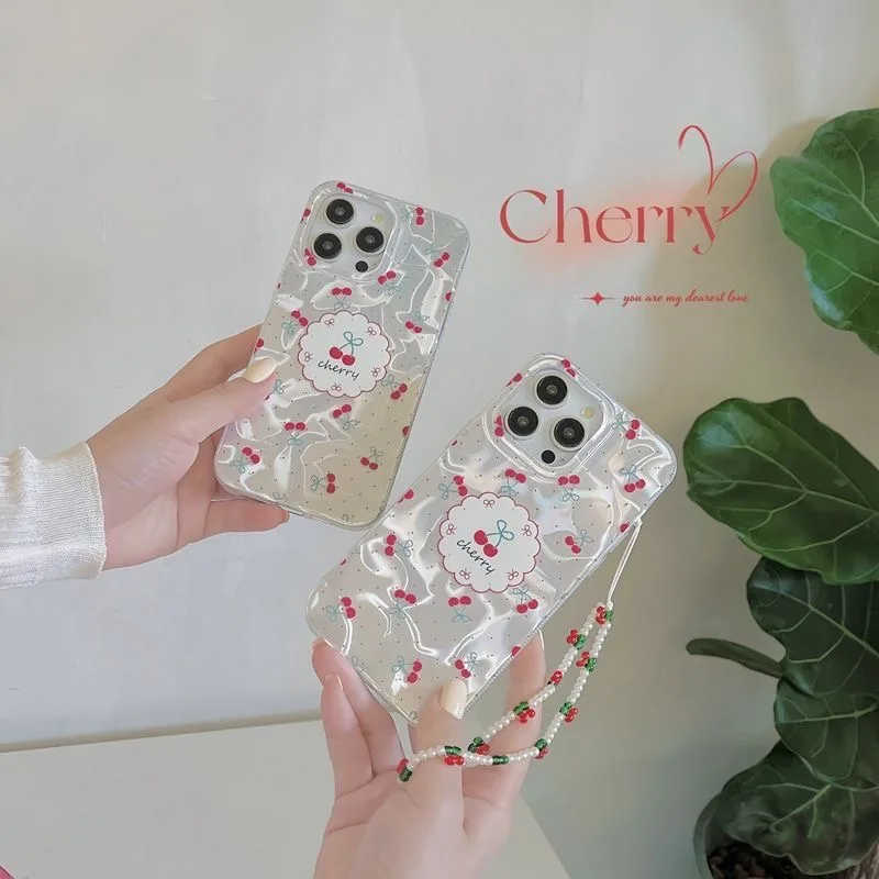 Retro Cherry Dazzle Lustre Lining Phone Case with Lanyard