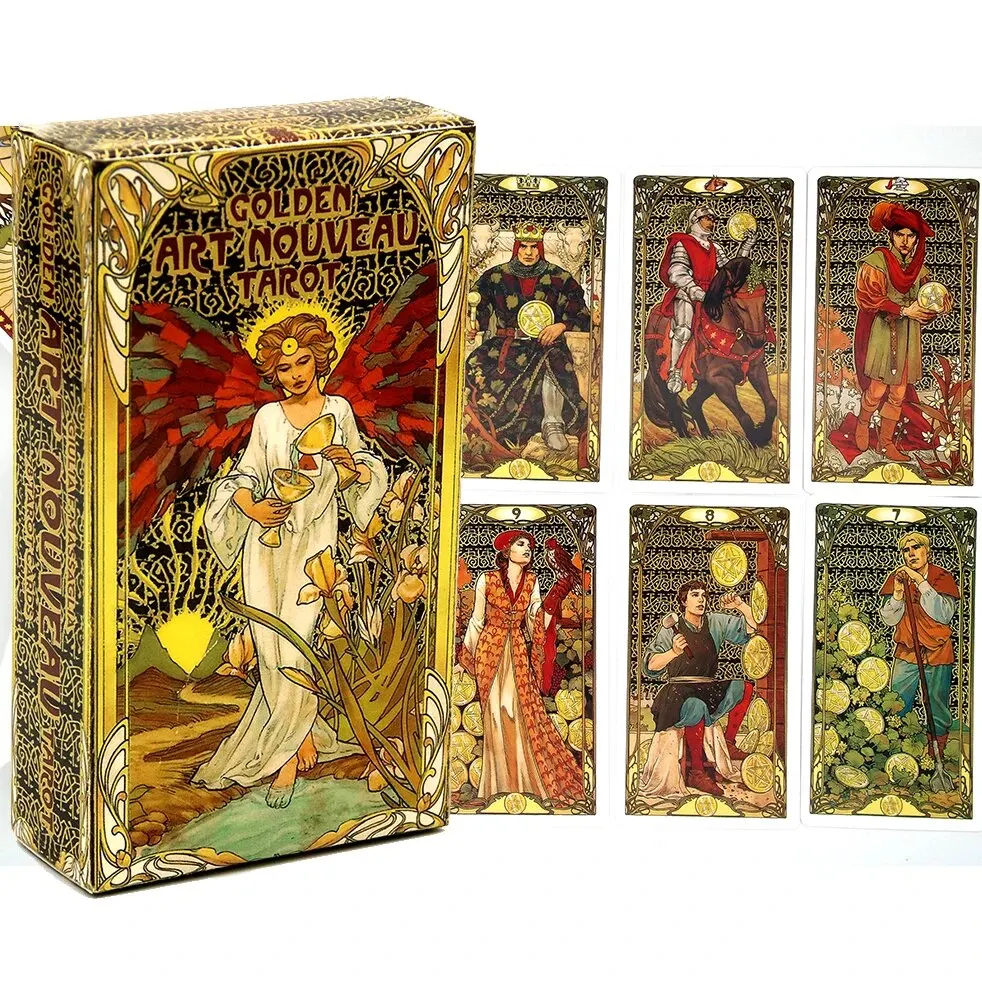 Golden Art Nouveau Tarot Deck Cards with Guidebook Cards Occult Divination Book Sets for Beginners Classic Art Nouveau Style 6