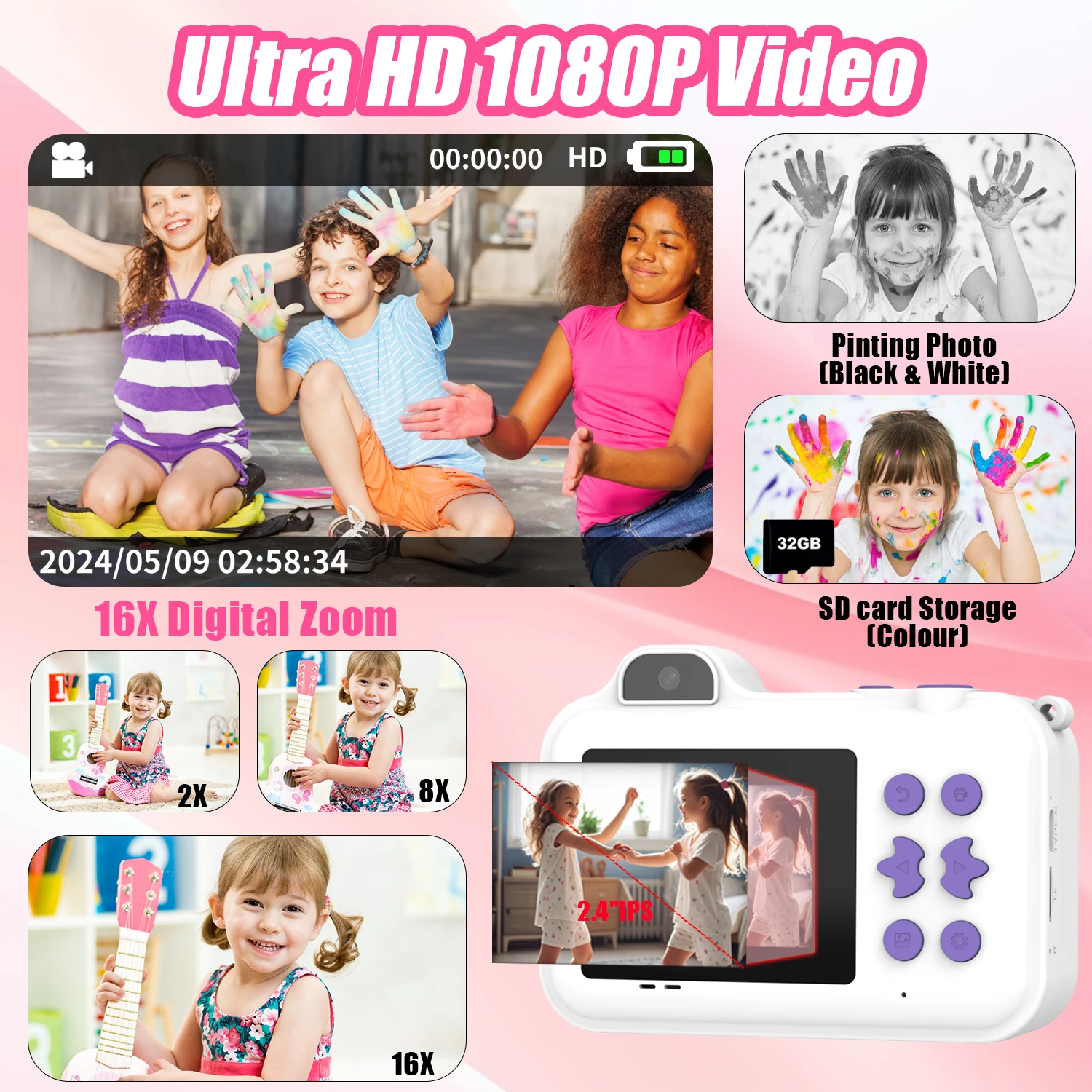 Instant Print Camera For Kids Mini Digital Video Camera Dual Lens Photo Printing Thermal Paper Toys Boys Girls Gifts