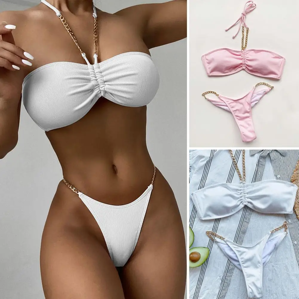 

2 Pcs/Set Summer Bikini Set Breathable Sleeveless Split Lace Up Halter Neck Swimming Chain Decor Backless Summer Swimsuit Water