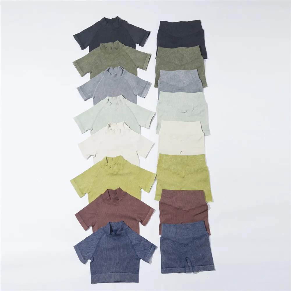 Washing Seamless Yoga Set Women Workout Pant Crop Top Shirt Shorts Gym Outfits Fitness Scrunch Leggings Active Suits