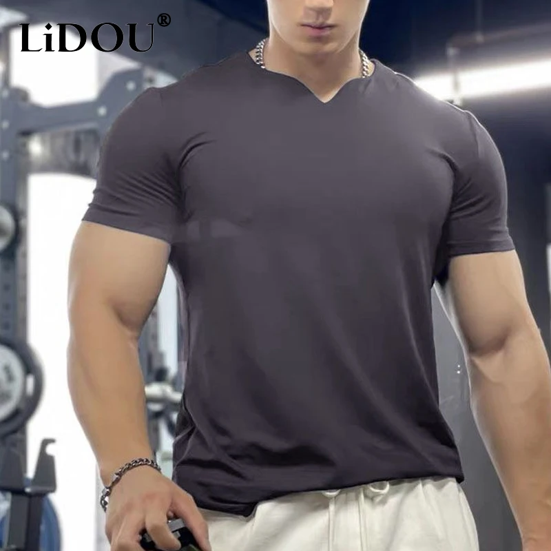 

Quick Drying Motion Short Sleeve 2023 Summer V-neck Solid Color Elastic Men's Clothing Men's Loose Casual Motion T-shirt