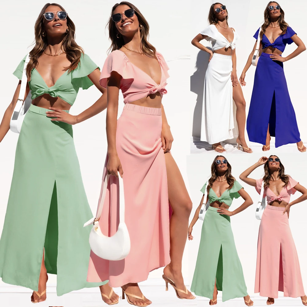cute bathing suit cover ups Suits Casual Beach Chiffon Straps Tops Straight Slit Skirts Suits  Sets For Women 2022 Vacation Summer Beach Woman Dress crochet bikini cover up