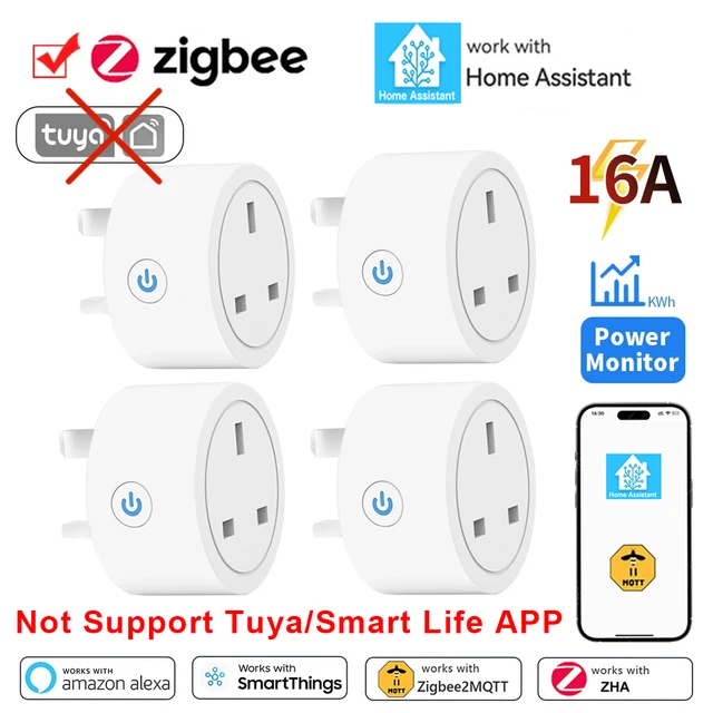 Home Assistant ZigBee Smart Plug 16A Smart Home Outlet UK ซ็อกเก็ต Power Monitor ฟังก์ชั่น APP Control รองรับ Alexa Z2M ZHA 1