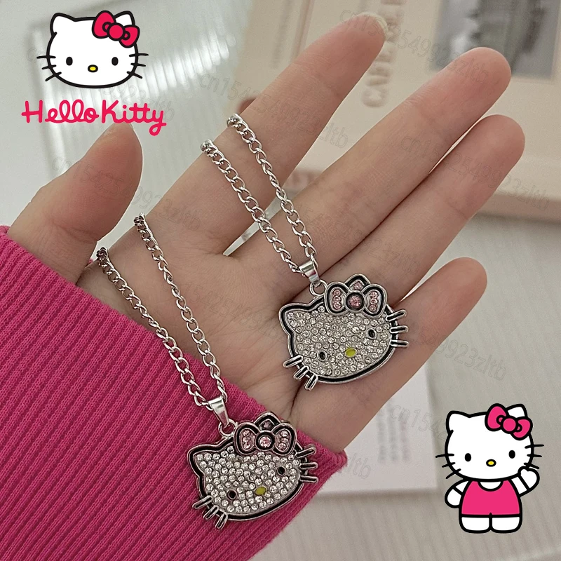 

Kawaii Hello-Kitty Necklace Anime Sanrioed Necklace Cute Cute Y2k Silver Collarbone Chain Adjustable Lady Women Birthday Gift