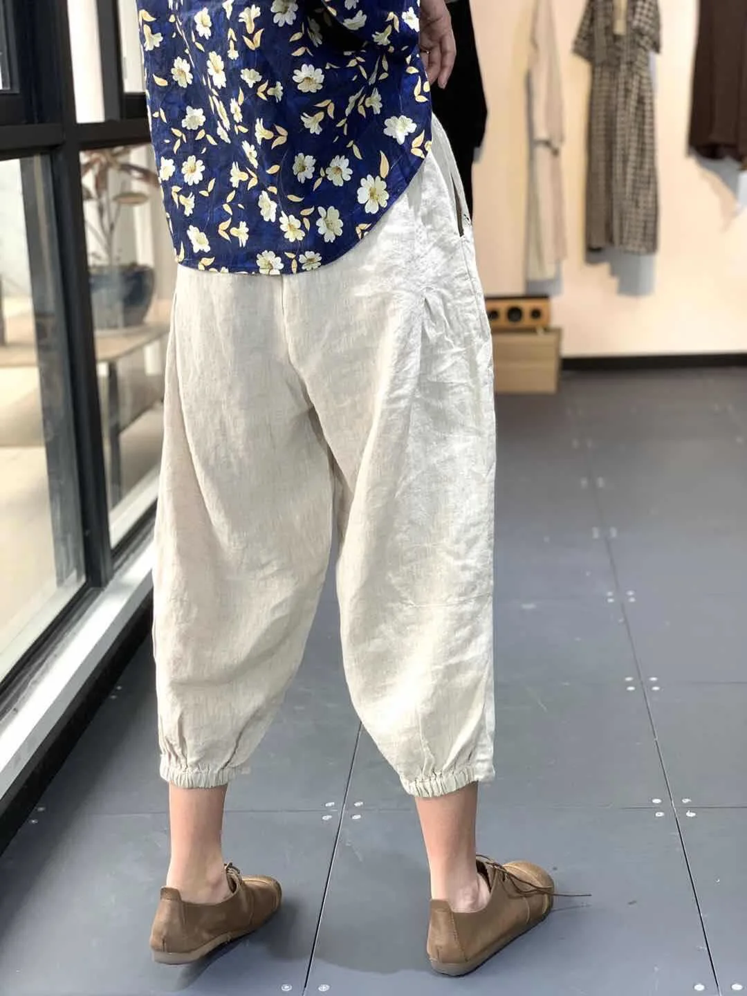 plaid pants Women Linen Pants Ladies Elastic Waist Flax Pants Female Solid Color Embroidered Linen Trousers Summer Calf Length Pants FT88 capri pants