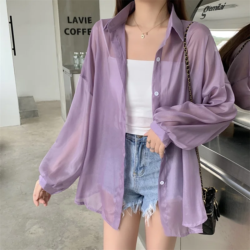 Fashion Women Holiday Beach Shirts See Through Chiffon Blouse New Summer Tops Sun Protection Clothes Long Sleeve Blusas 22209