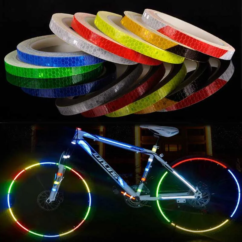 Fitas reflexivas para bicicleta e carro, fita de advertência, adesivo de segurança noturna, branco, azul, vermelho, amarelo, laranja, verde, 9 cores, 1cm x 8m