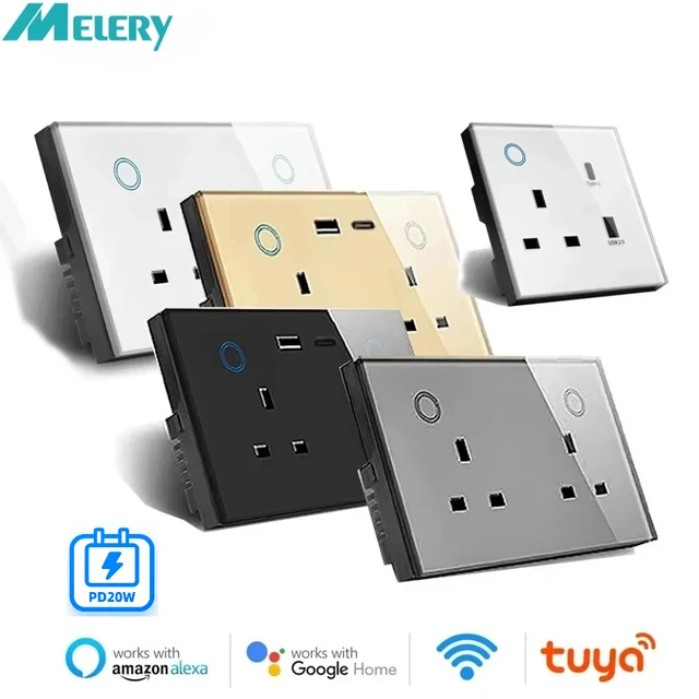เต้ารับไฟฟ้าอัจฉริยะ Melery WIFI Smart Tuya USB Type-C PD 20W แบบเสียบผนัง ปลั๊กแบบ UK พร้อมระบบตรวจสอบพลังงาน สวิตช์สัมผัส ควบคุมระยะไกลผ่าน Alexa และ Google Home 1
