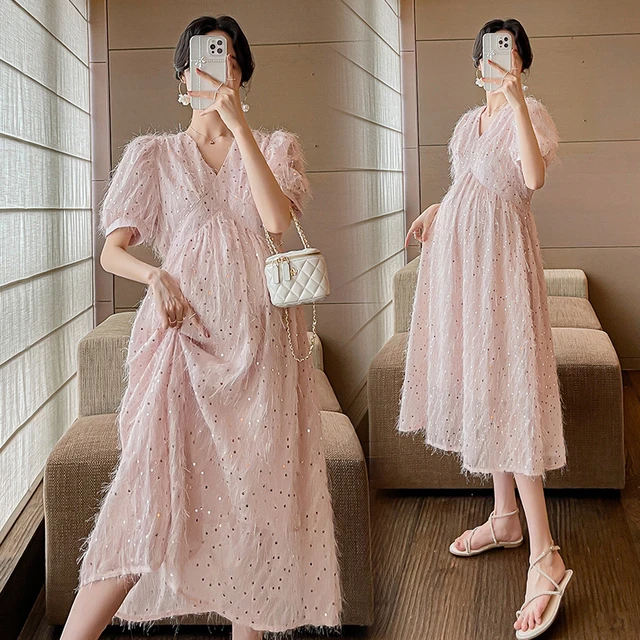 Vestido de maternidad francés con lentejuelas para mujeres embarazadas, ropa  bonita con cuello en V, manga abullonada, moda coreana, 2023 - AliExpress