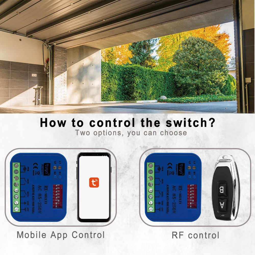 Tuya Switch 300-900MHz WIFI Garage Door Receiver Gate Opener 2ch Momentary Fixed Rolling Code RF433 Remote Control Switch Alexa