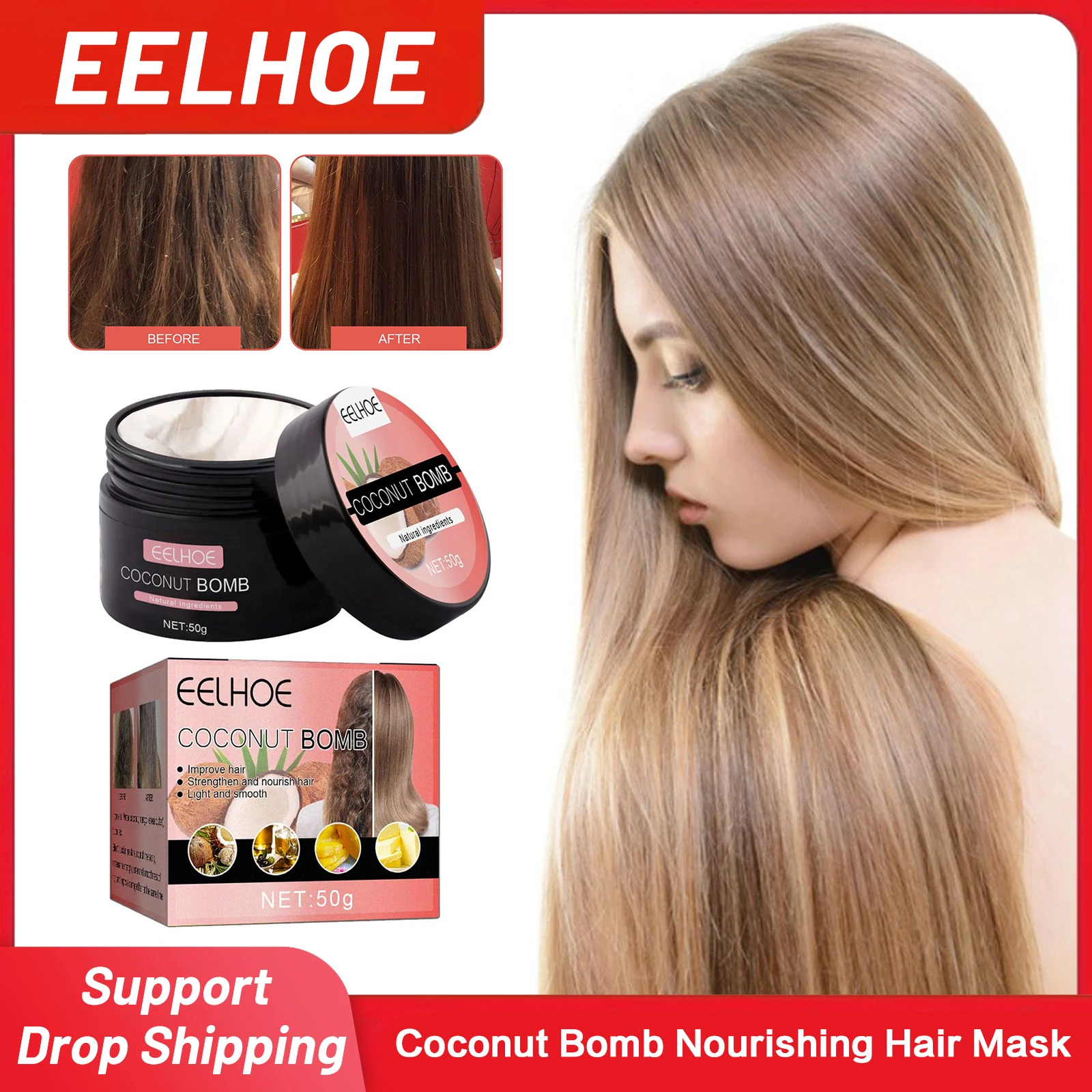 Description Picture 4 of itemCoconut Bomb Nourishing Hair Mask Nutrition Infusing Repair Dry Damage Frizzy Nourishing Hair Restore Soft Smooth Hair Care 50g