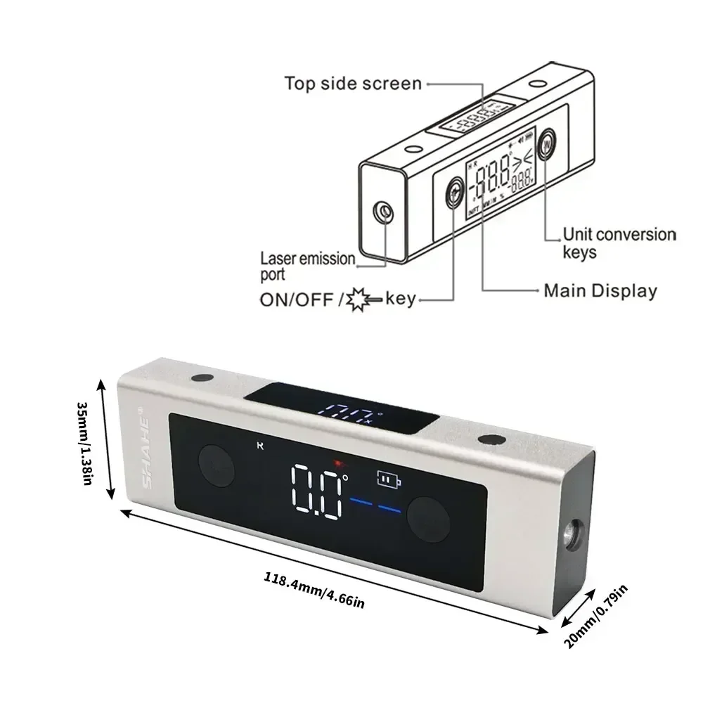 SHAHE Type-C Charging Laser Protractor Digital Inclinometer Angle Ruler Gauge Multifunctional Large LCD Screen Angle Finder digital angle gauge,plastic protractor ruler,adjustable angle gauge