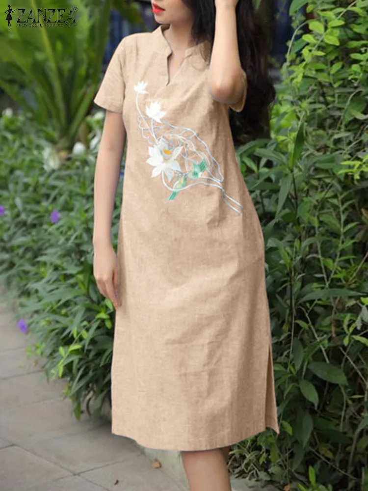 

Fashion V Neck Short Sleeve Mid-calf Sundress ZANZEA Summer Elegant Floral Embroidery Dress Women Vintage Party Vestidos Robe