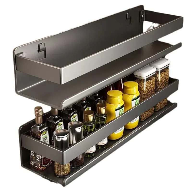 Gun gray kitchen storage rack seasoning rack free storage can wall mounted multifunctional seasoning rack 5