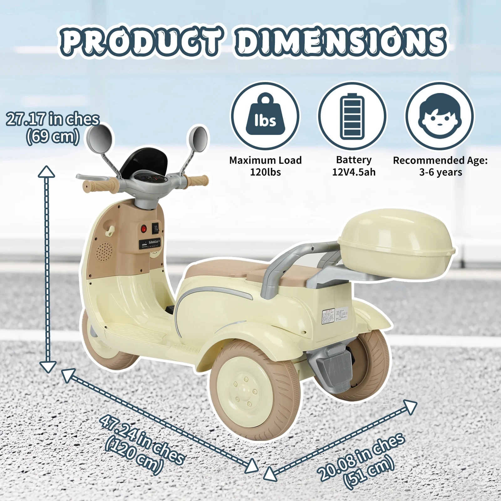 2 Seater Kids Ride on Motorcycle, 12V Electric Motorcycle for Kids, 3 Wheels Kids Motorbike with Storage Box, Music, LED Light