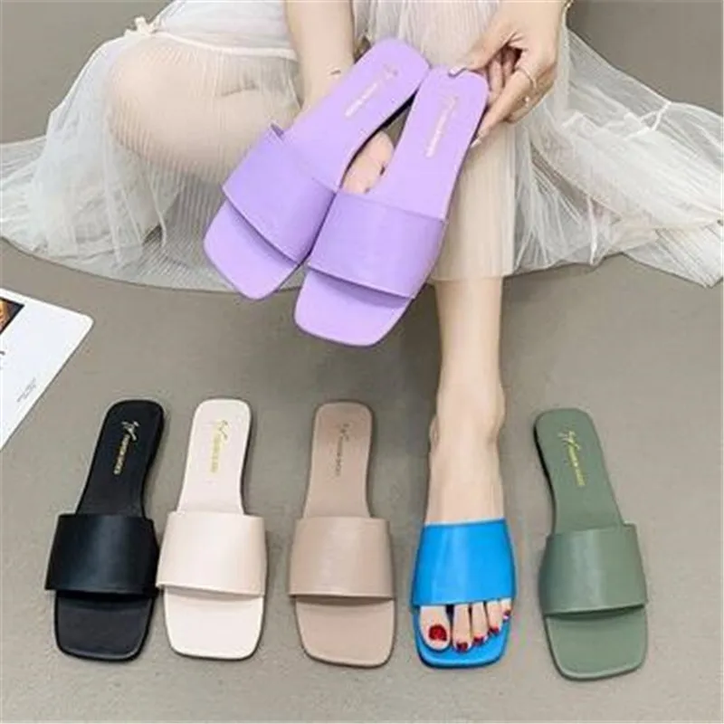 

Summer Women Slippers Flat Outdoor Beach Flip Flops Women Slides Purple Blue Square Toe Design Sandals Korean Shoes Big Size 43
