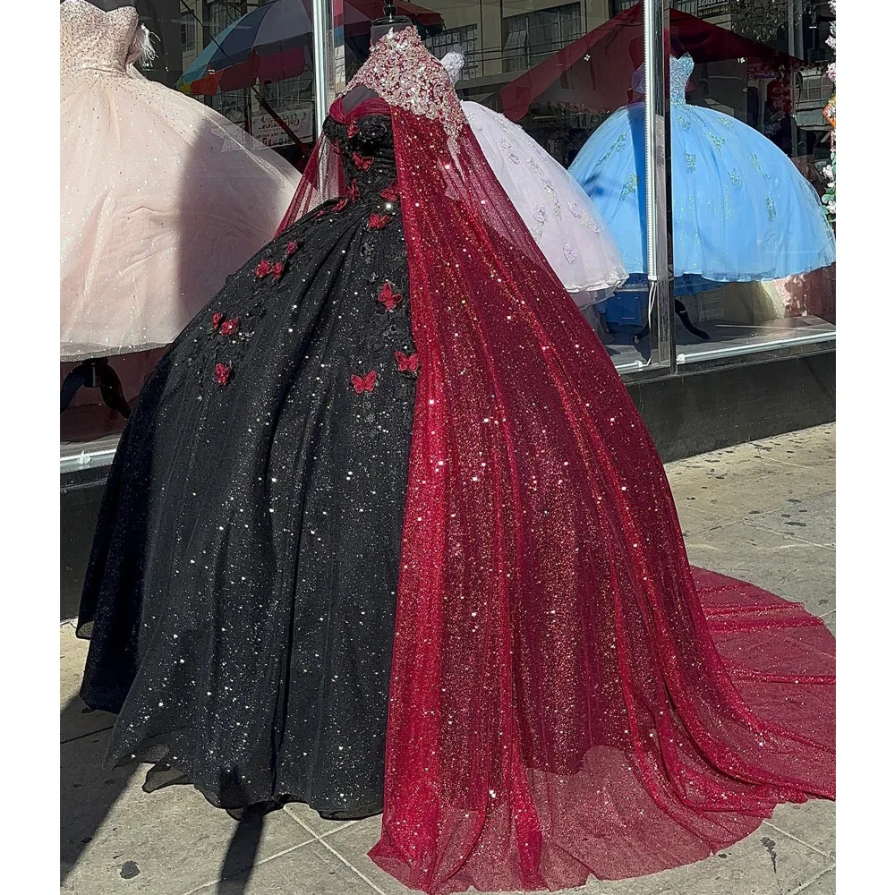 

Новое черное платье Quinceanera с красной шапочкой 2024 милое платье принцессы на день рождения 15 16 вечернее платье со складками и бантом