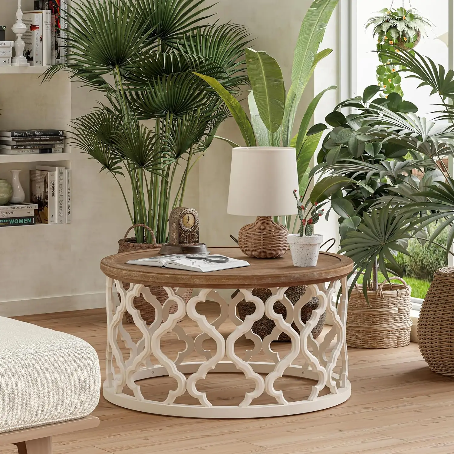 Farmhouse Coffee Table, Distressed Tray Top Table with Curved Motif Frame Base