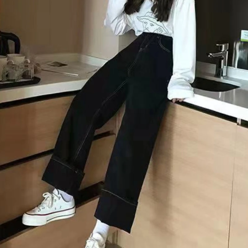 여성용 블랙 청바지 와이드 레그 스트리트웨어, 심플한 올매치 한국 패션, 인기 있는 젊은 용수철 하이 웨이스트 바지, 데일리 캐주얼 인스타