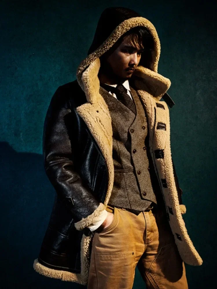

Warm Winter Hooded Genuine Leather Jacket Men Single Breasted Long Shearling Overcoat Real Sheepskin Wool Coat Brown Black 6XL