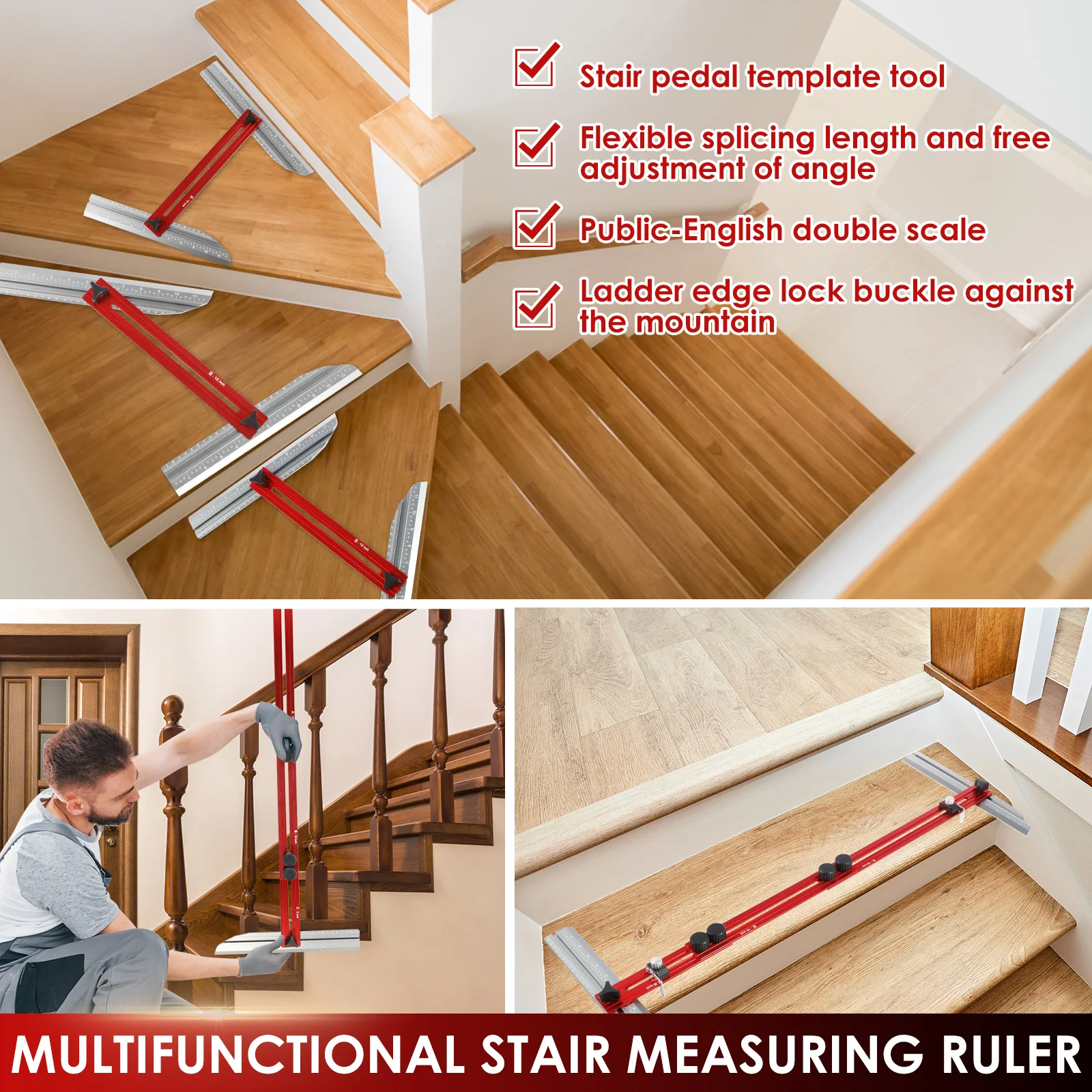 Stair Measuring Ruler Set Aluminum Alloy Adjustable Stair Tread Template Jig High Precision Multifunctional Measuring Tool for