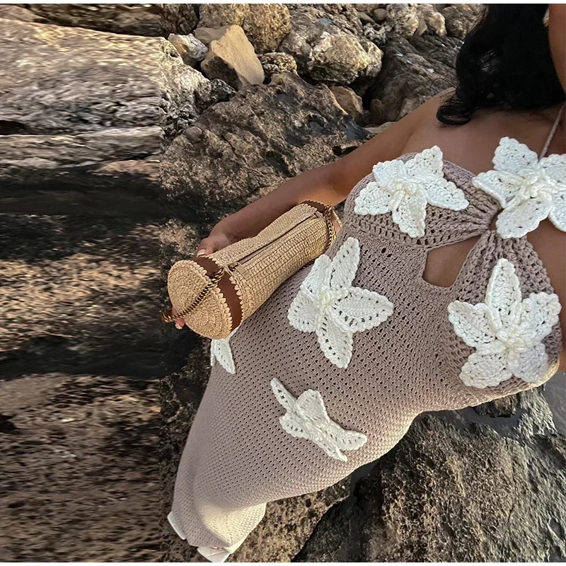 Sexy Knitted 3d Flower Halter Long Dress Women Crochet Hollow Out Sleeveless Blue Maxi Dresses New Lady Beach Vacation Robe