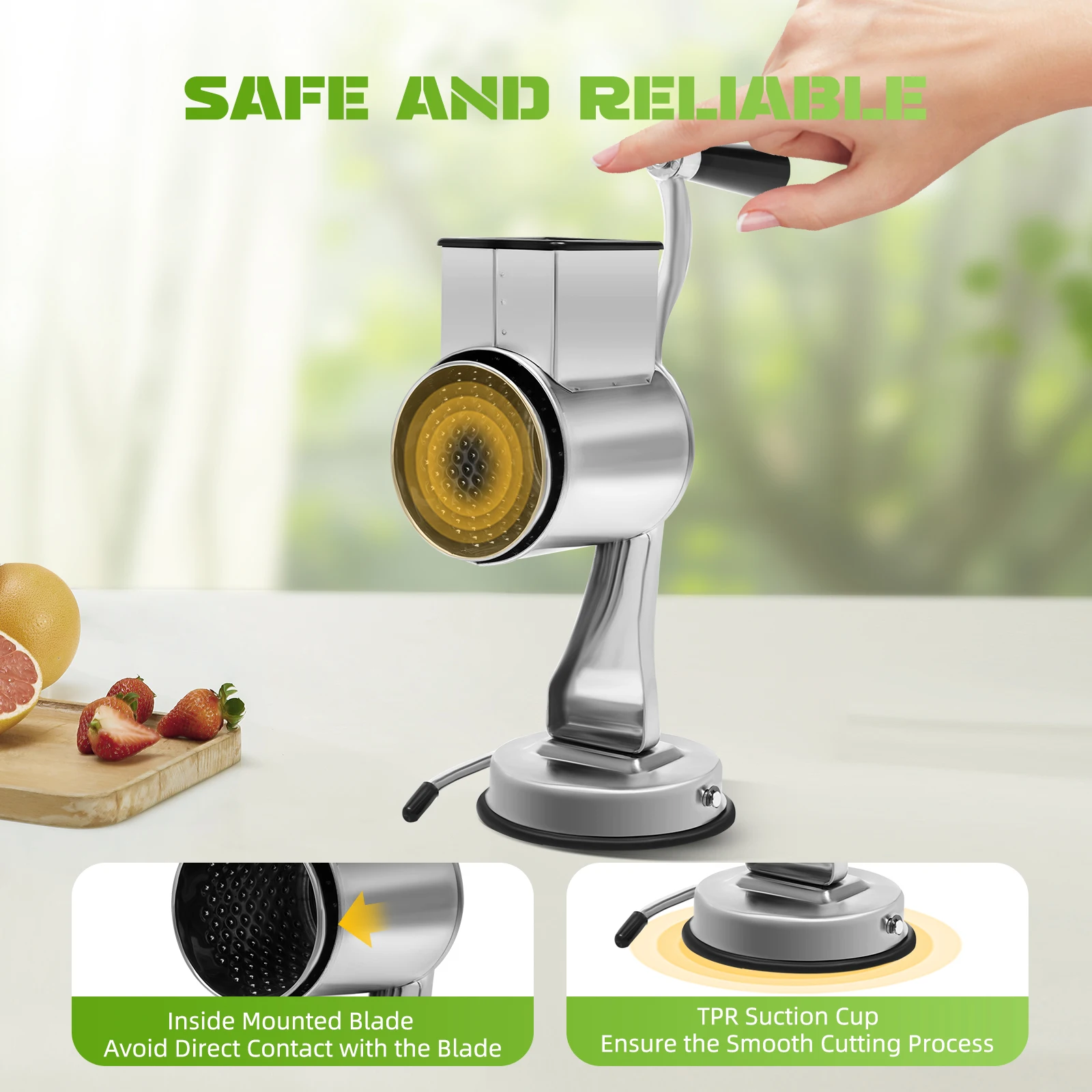 Manual Rotary Grater Drum Cutter Vegetable Slicer Shredder Nuts Mill W/ 5 Blades