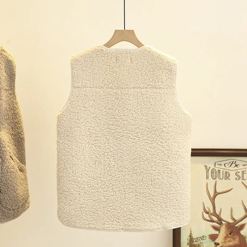 Plus Size Women Sleeveless Vest Winter Loose Thick Fleece Waistcoat Simple Plush Coat 3069
