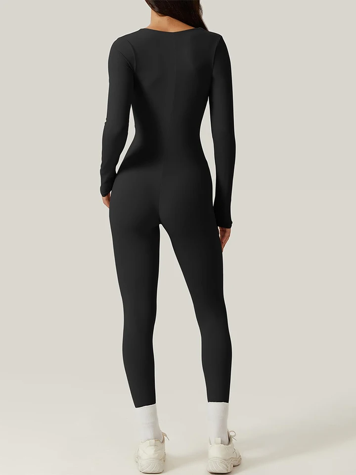 Combishort D'entraînement à Manches Longues Et Col Carré Pour Femme, Combinaison De Yoga Couvertes, Salopette De Document Monochrome, Printemps, Automne